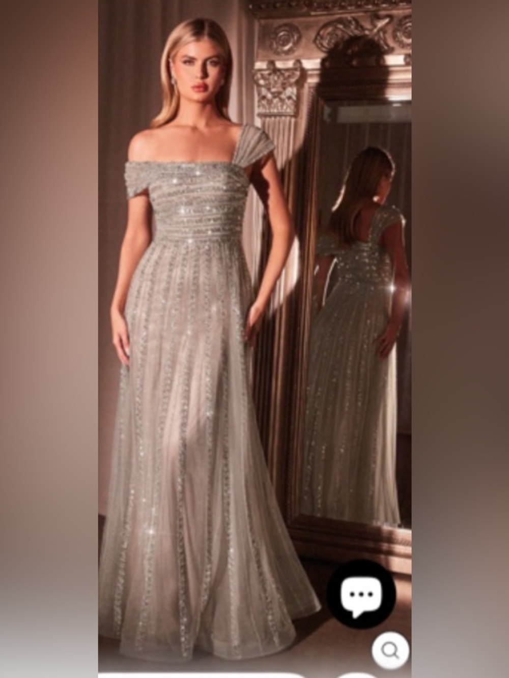 Elegant Off-Shoulder Silver Evening Gown , mother of bride / groom / prom